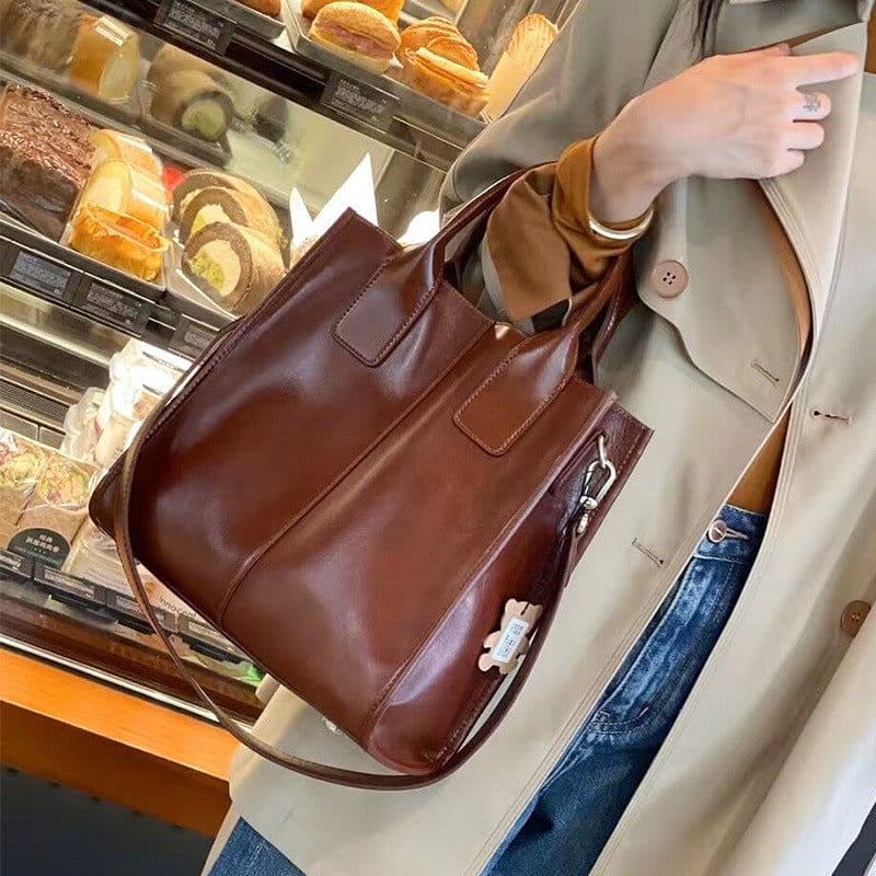 image-Women's Genuine Leather Crossbody Tote Handbag