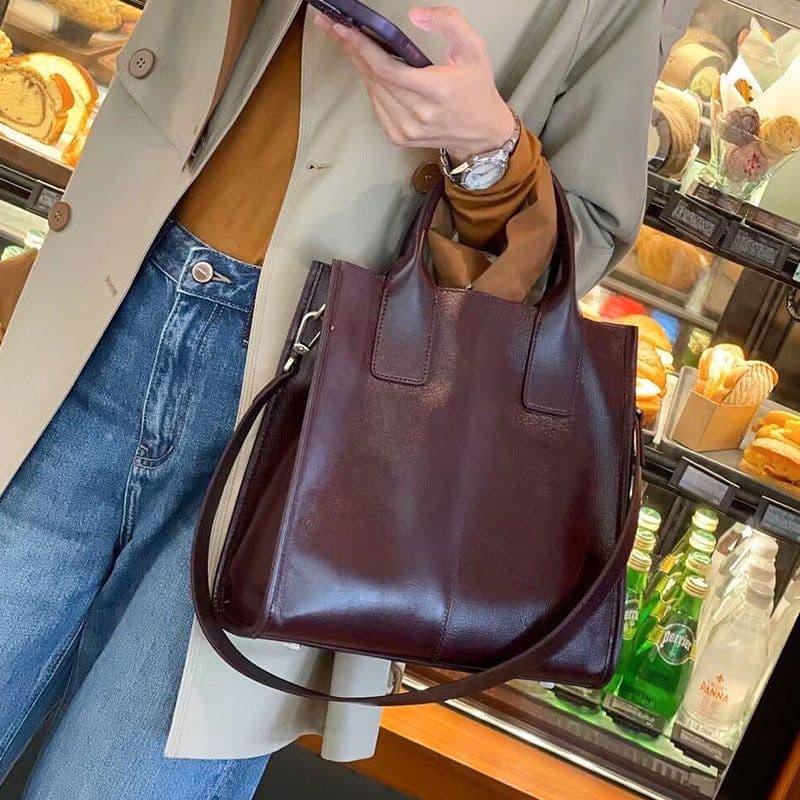 image-Women's Genuine Leather Crossbody Tote Handbag