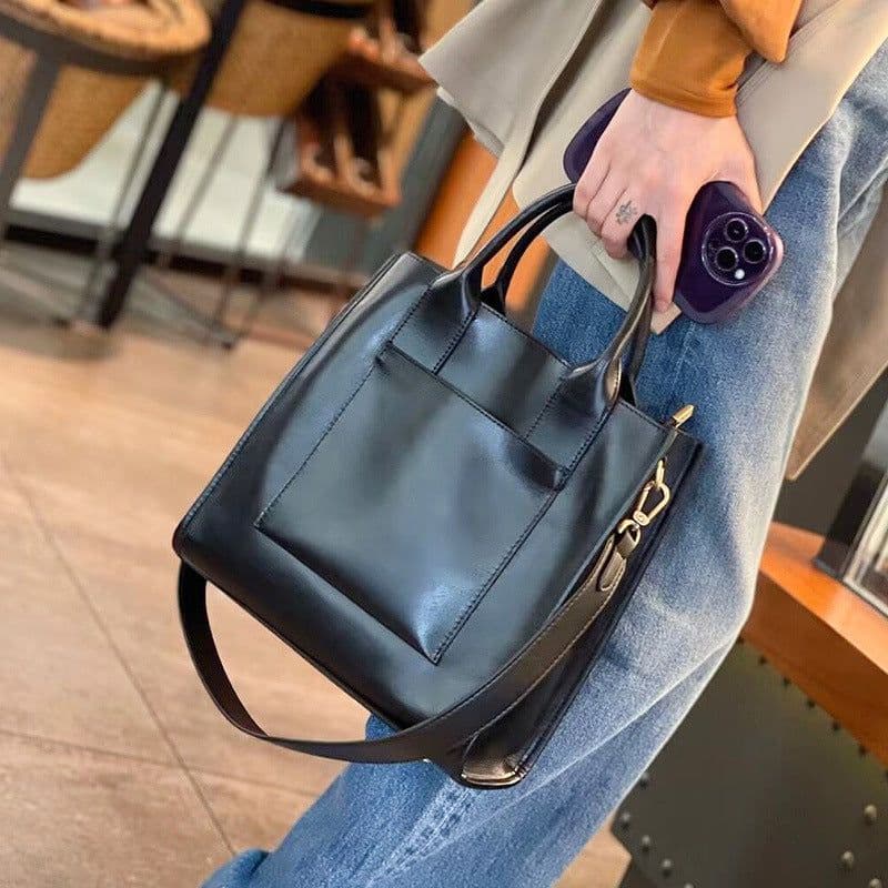 image-Women's Genuine Leather Crossbody Tote Handbag