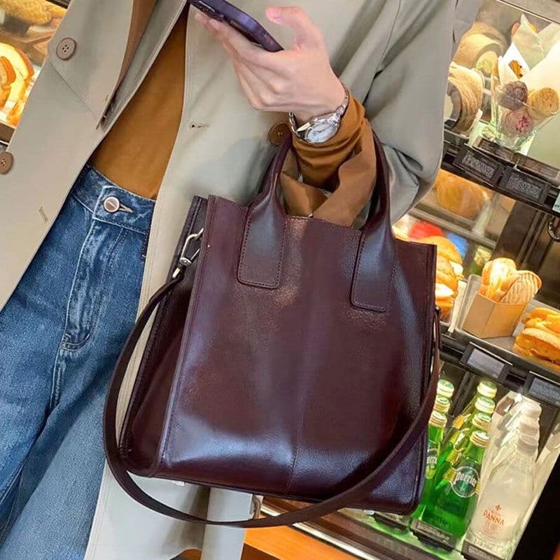 image-Women's Genuine Leather Crossbody Tote Handbag