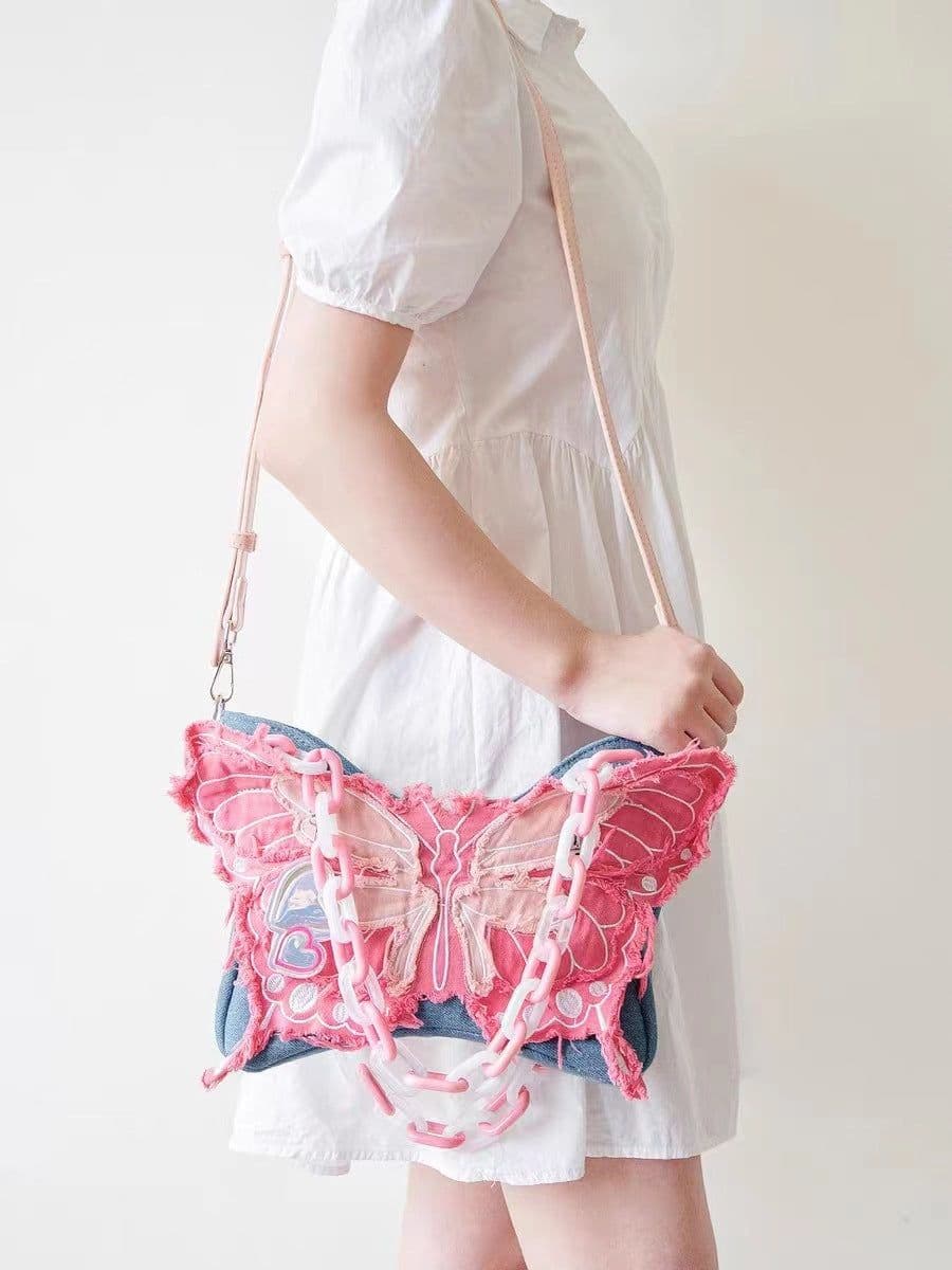 image-Original Denim Butterfly Contrast Color Acrylic Chain Shoulder Messenger Bag