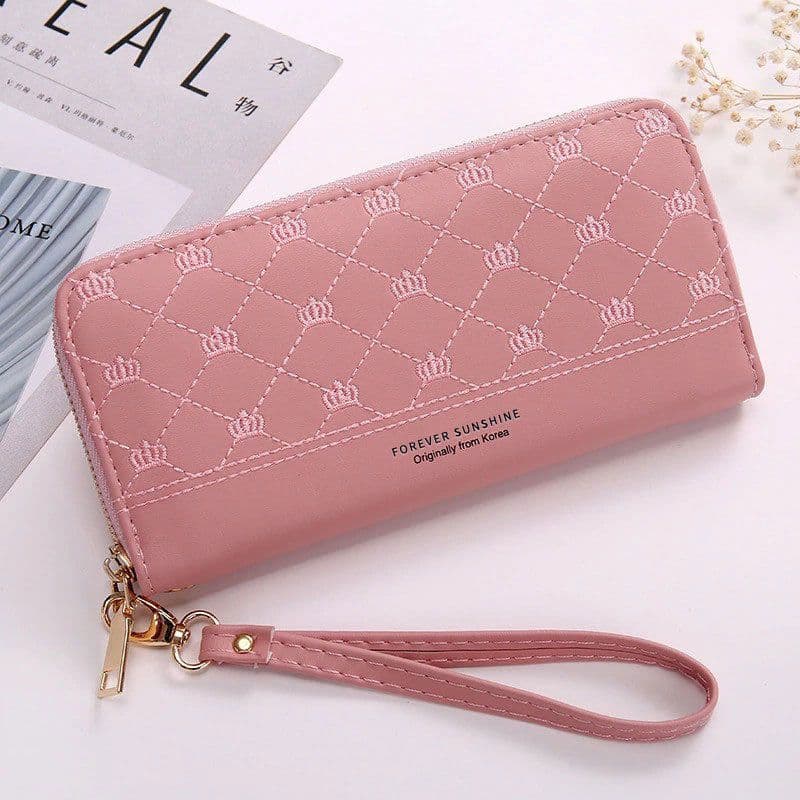 image-Long Crown Embroidery Thread Single Zip Clutch Wallet Women