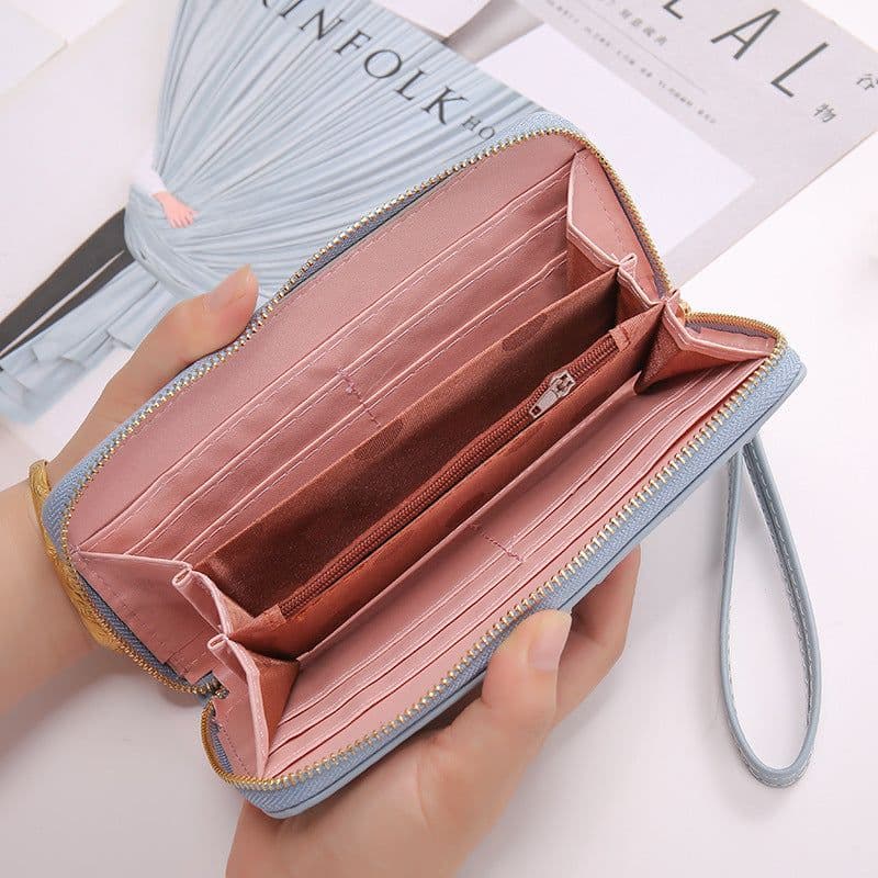 image-Long Crown Embroidery Thread Single Zip Clutch Wallet Women