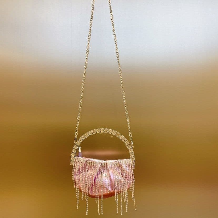 image-Rhinestone Tassel Pleated Mini Shoulder Messenger Bag