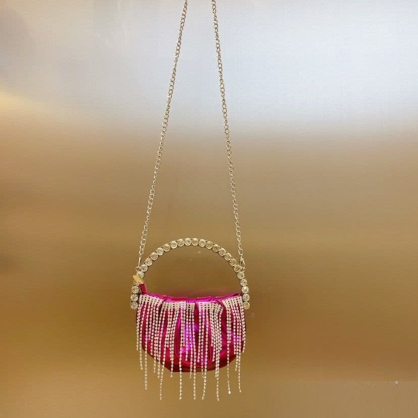 image-Rhinestone Tassel Pleated Mini Shoulder Messenger Bag