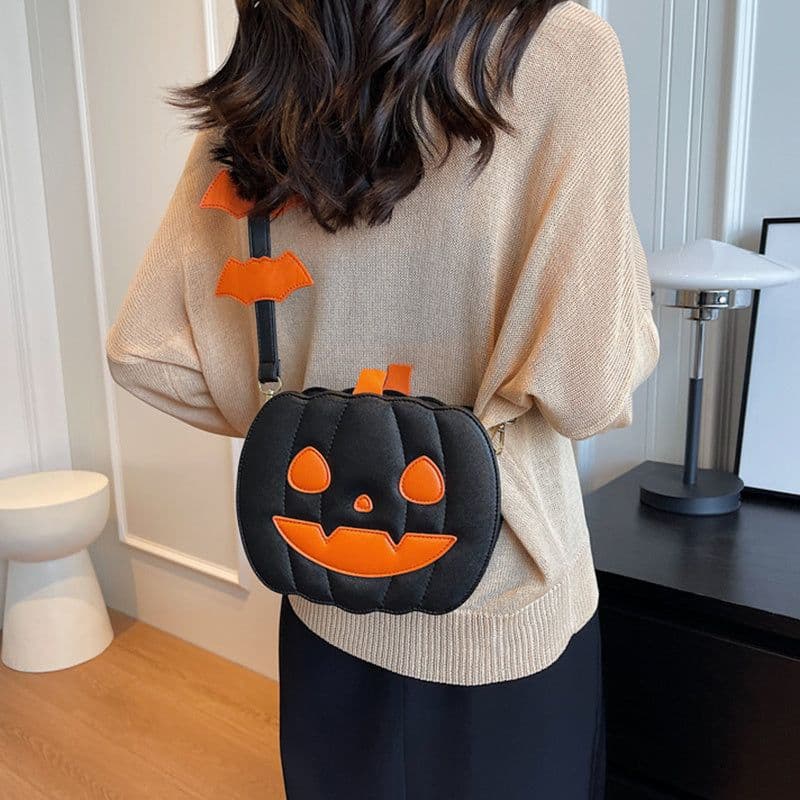 image-2023 Halloween Bags Funny Pumpkin Cartoon Shoulder Crossbody Bag With Bat Personalized Creative Female Bag