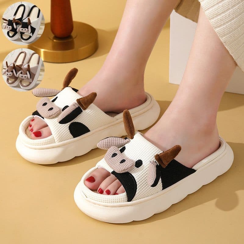 image-Cute Cartoon Cow Frog Slippers Linen Non-slip Shoes Indoor Garden Home Slippers