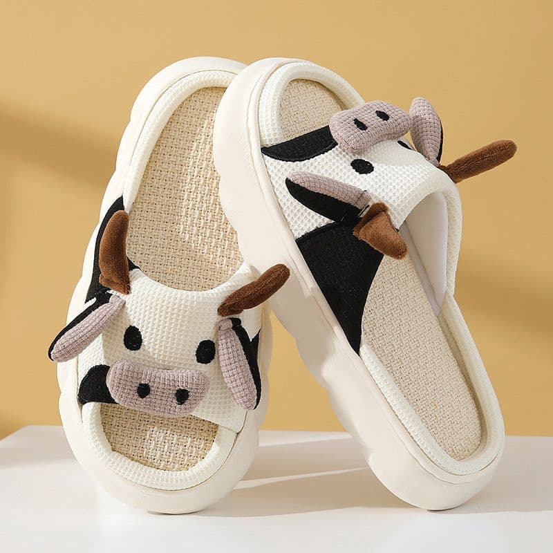 image-Cute Cartoon Cow Frog Slippers Linen Non-slip Shoes Indoor Garden Home Slippers