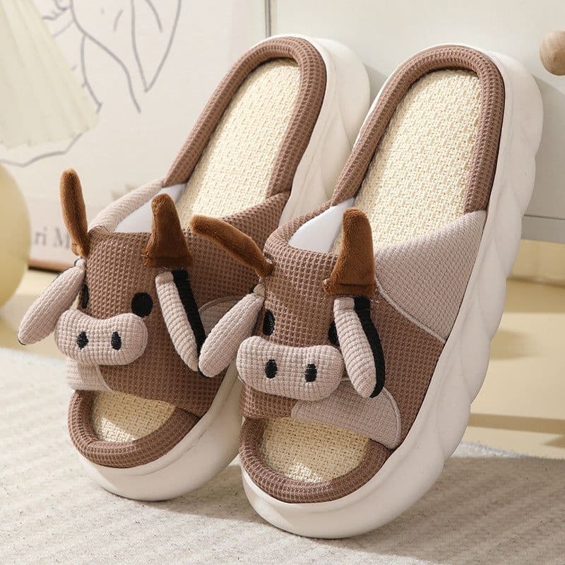 image-Cute Cartoon Cow Frog Slippers Linen Non-slip Shoes Indoor Garden Home Slippers