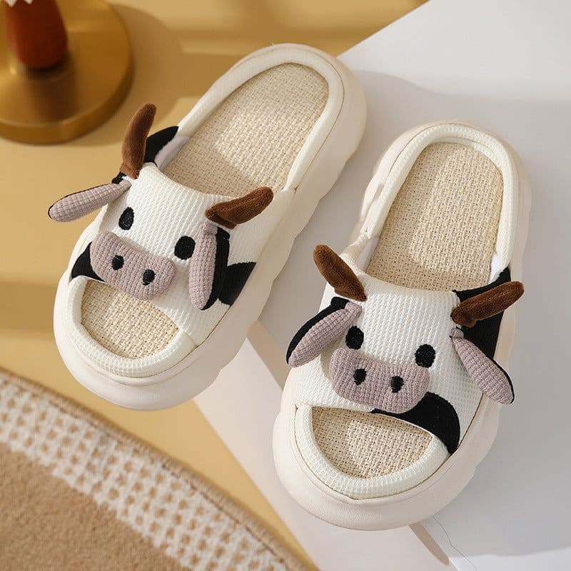 image-Cute Cartoon Cow Frog Slippers Linen Non-slip Shoes Indoor Garden Home Slippers