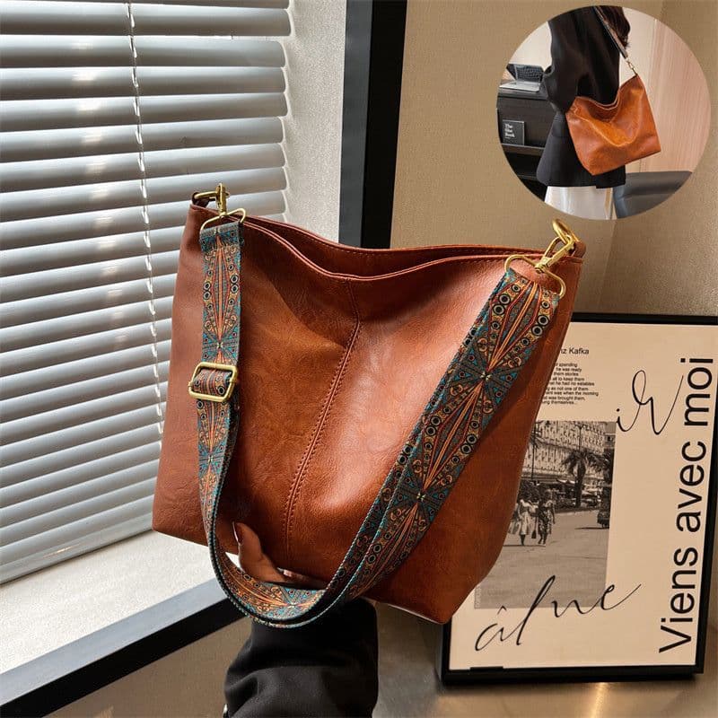 image-Retro Bucket Bag Retro Print Wide Shoulder Strap Messenger Shoulder Bags Solid Color Shopping Daily Commuter Handbag