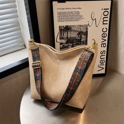 image-Retro Bucket Bag Retro Print Wide Shoulder Strap Messenger Shoulder Bags Solid Color Shopping Daily Commuter Handbag