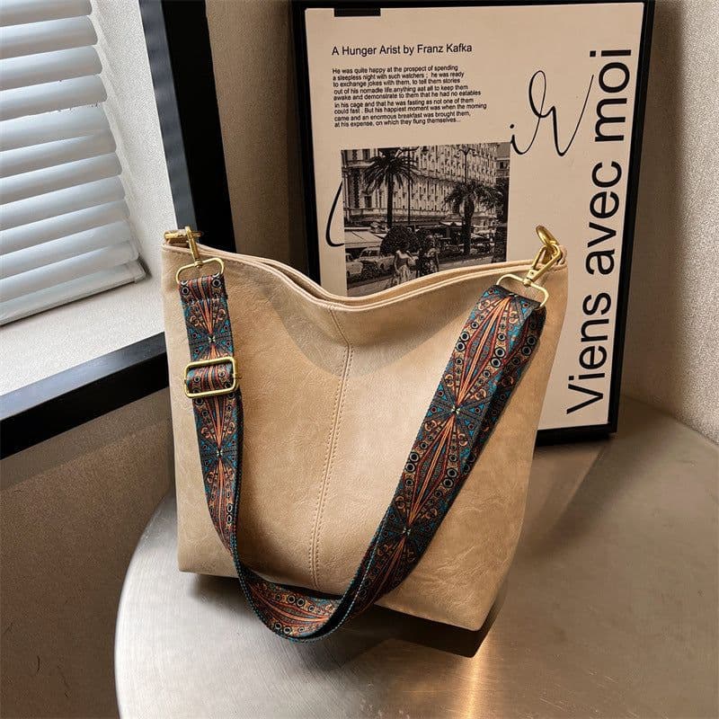 image-Retro Bucket Bag Retro Print Wide Shoulder Strap Messenger Shoulder Bags Solid Color Shopping Daily Commuter Handbag