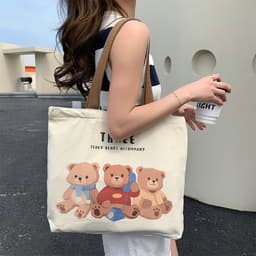 image-Cute Bear Printed Canvas Bag Women All-match Shoulder Bags Student Large Capacity Daily Handbags