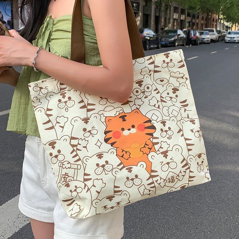 image-Cute Bear Printed Canvas Bag Women All-match Shoulder Bags Student Large Capacity Daily Handbags