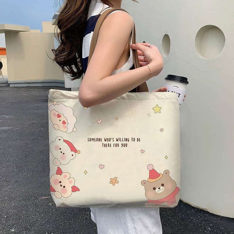 image-Cute Bear Printed Canvas Bag Women All-match Shoulder Bags Student Large Capacity Daily Handbags