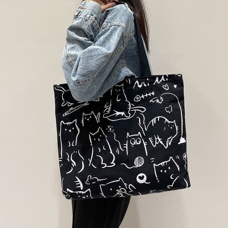 image-Cute Bear Printed Canvas Bag Women All-match Shoulder Bags Student Large Capacity Daily Handbags