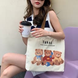 image-Cute Bear Printed Canvas Bag Women All-match Shoulder Bags Student Large Capacity Daily Handbags