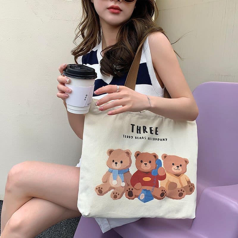 image-Cute Bear Printed Canvas Bag Women All-match Shoulder Bags Student Large Capacity Daily Handbags