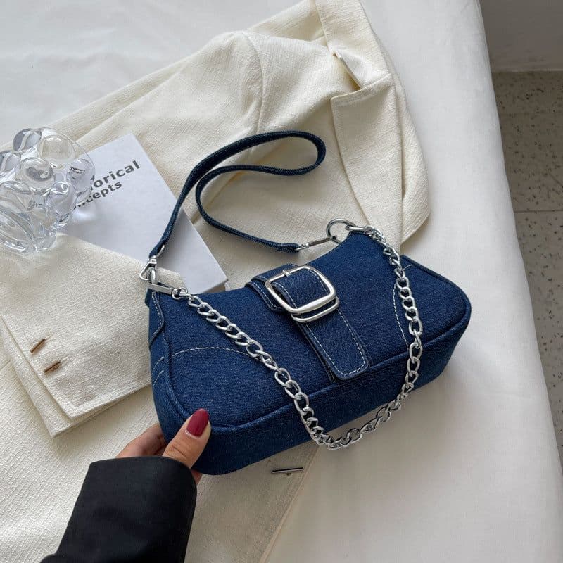 image-Denim Shoulder Bags Women's Fashion Chains Handbag Crossbody Bags Small Square Armpit Bag