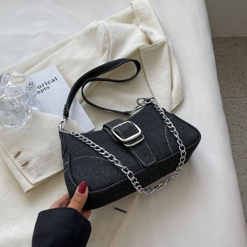 image-Denim Shoulder Bags Women's Fashion Chains Handbag Crossbody Bags Small Square Armpit Bag