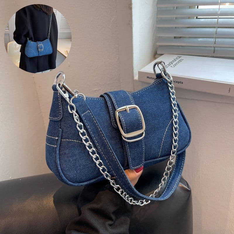 image-Denim Shoulder Bags Women's Fashion Chains Handbag Crossbody Bags Small Square Armpit Bag