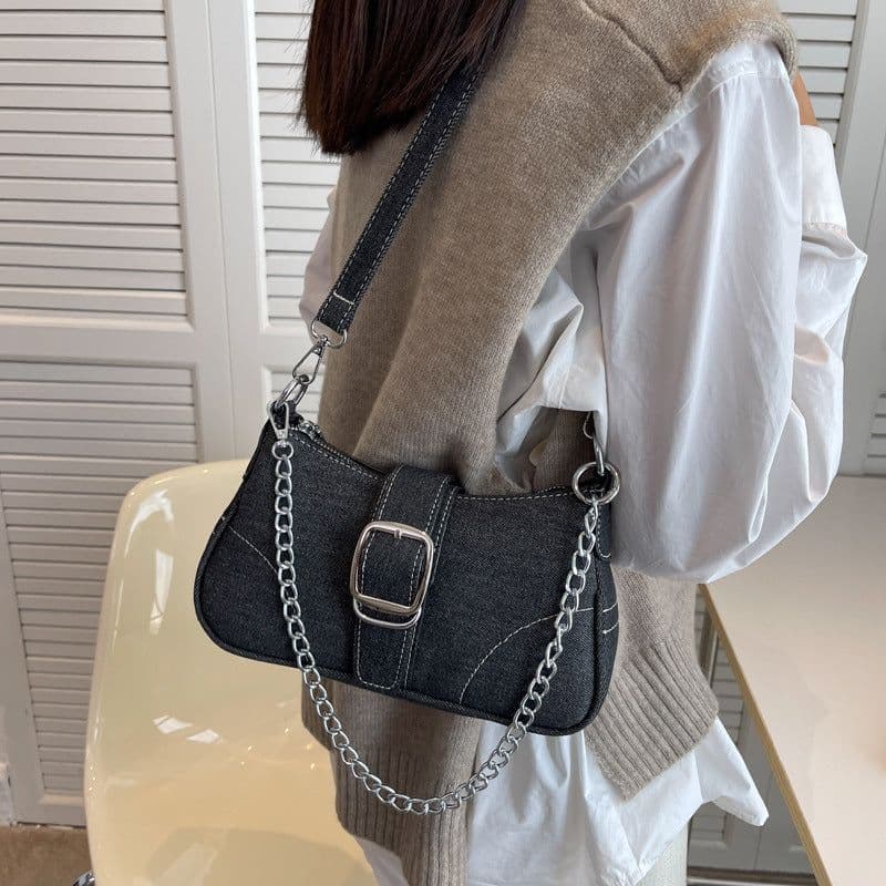 image-Denim Shoulder Bags Women's Fashion Chains Handbag Crossbody Bags Small Square Armpit Bag