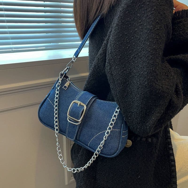 image-Denim Shoulder Bags Women's Fashion Chains Handbag Crossbody Bags Small Square Armpit Bag