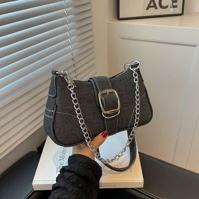 image-Denim Shoulder Bags Women's Fashion Chains Handbag Crossbody Bags Small Square Armpit Bag
