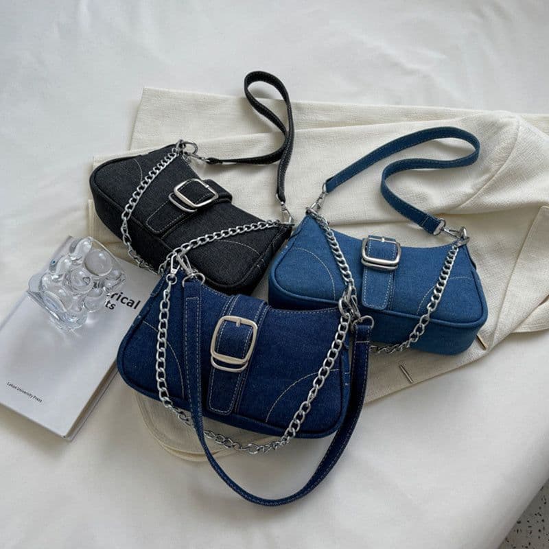 image-Denim Shoulder Bags Women's Fashion Chains Handbag Crossbody Bags Small Square Armpit Bag