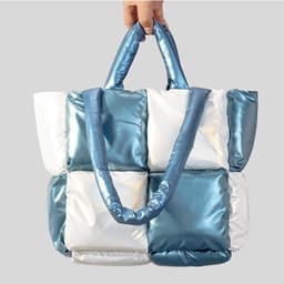 image-Women Handbags Winter Color Matching Down Cotton-padded Coat Tote Bag Soft Plaid Shoulder Bags