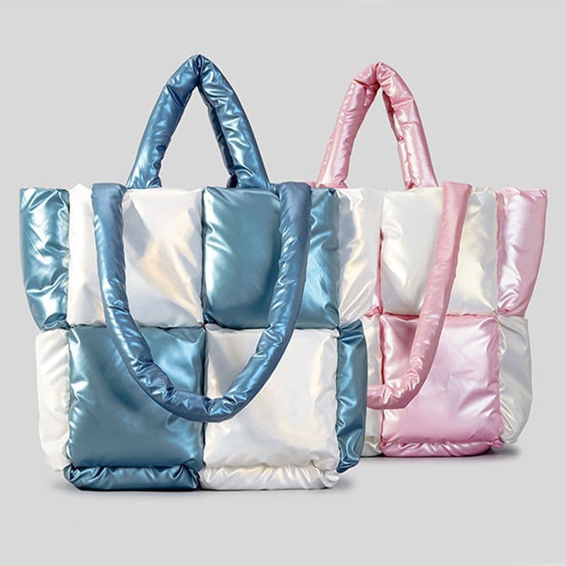 image-Women Handbags Winter Color Matching Down Cotton-padded Coat Tote Bag Soft Plaid Shoulder Bags