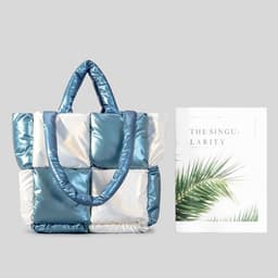 image-Women Handbags Winter Color Matching Down Cotton-padded Coat Tote Bag Soft Plaid Shoulder Bags