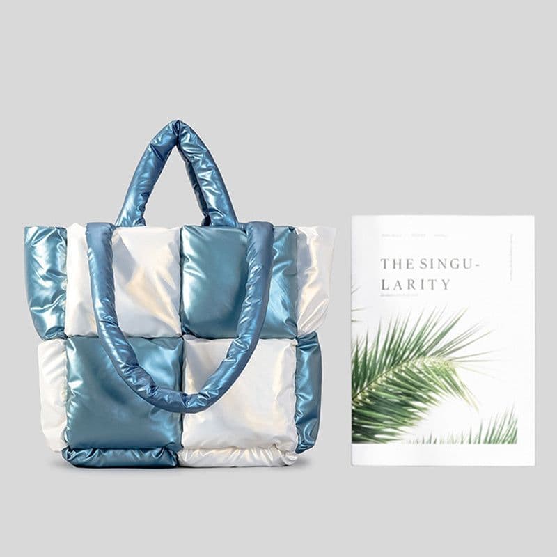 image-Women Handbags Winter Color Matching Down Cotton-padded Coat Tote Bag Soft Plaid Shoulder Bags
