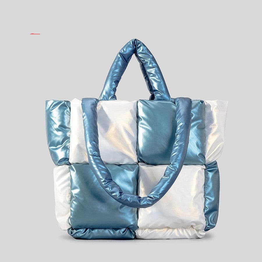 image-Women Handbags Winter Color Matching Down Cotton-padded Coat Tote Bag Soft Plaid Shoulder Bags