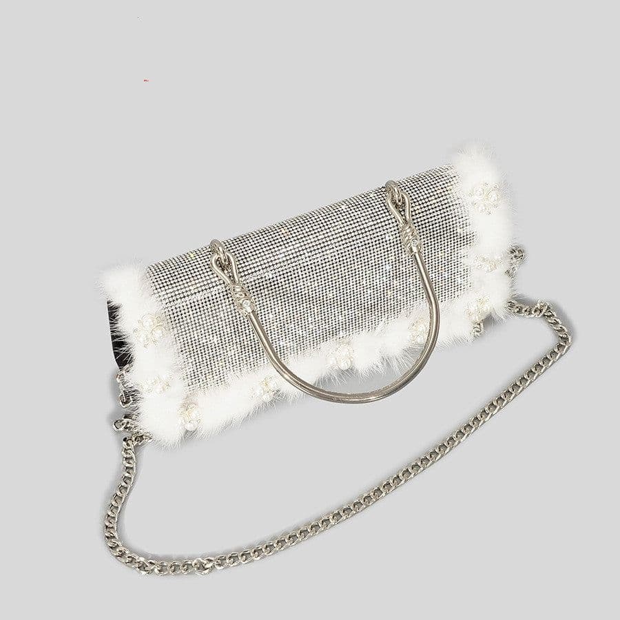 image-Ostrich Fur Pearl Rhinestone Bag Women's New