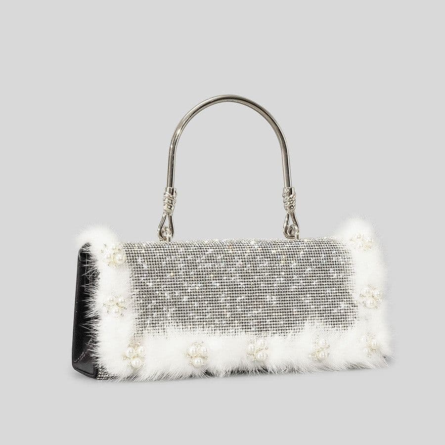 image-Ostrich Fur Pearl Rhinestone Bag Women's New