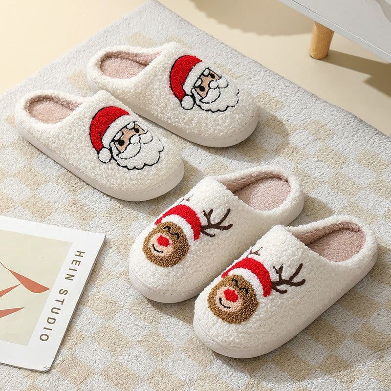 image-Christmas Home Slippers Cute Cartoon Santa Claus Cotton Slippers For Women And Men Couples Winter Warm Furry Shoes