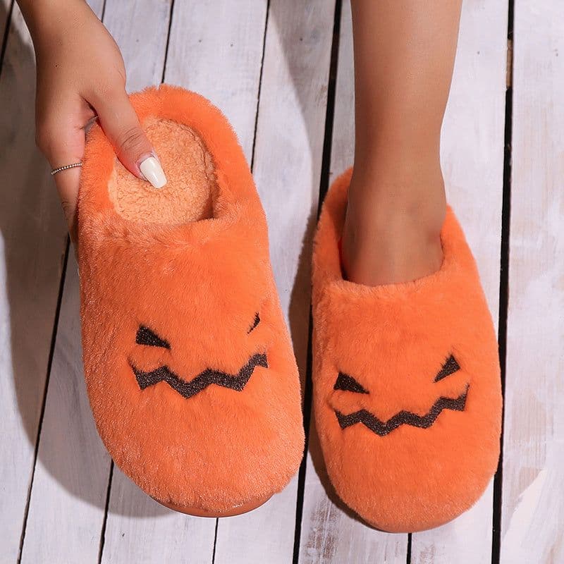 image-Cute Halloween Pumpkin Slippers Winter Warm Plush Bedroom Floor Home Slippers Casual Slip On Comfortable Cozy Indoor House Shoes