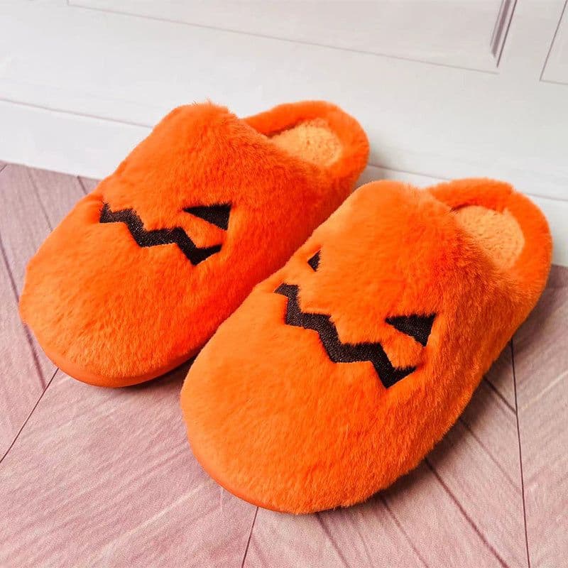 image-Cute Halloween Pumpkin Slippers Winter Warm Plush Bedroom Floor Home Slippers Casual Slip On Comfortable Cozy Indoor House Shoes