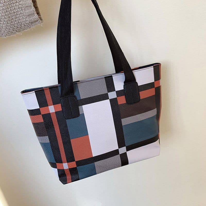 image-PU Shoulder Fashion Plaid Large Capacity Shopping Bag