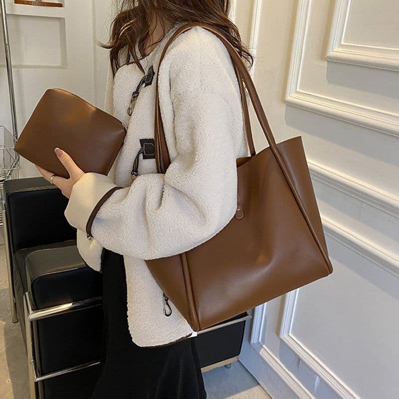 image-Casual Large Capacity Tote Bags For Women Fashion Solid Color Shopping Shoulder Bag With Wallet Ladies Handbag