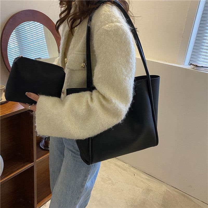 image-Casual Large Capacity Tote Bags For Women Fashion Solid Color Shopping Shoulder Bag With Wallet Ladies Handbag