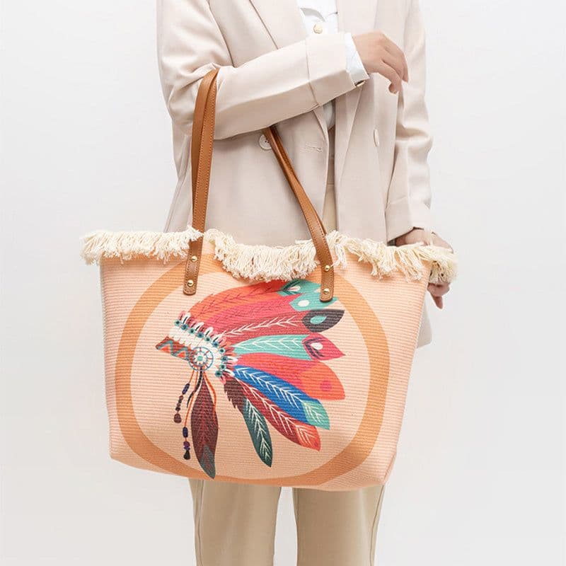 image-Bohemian Ethnic Style Canvas Bag Commuter Shoulder Bag Niche Design Large Capacity Shopping Bag Women Handbags