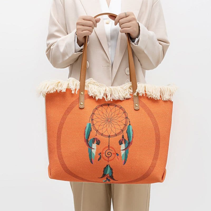 image-Bohemian Ethnic Style Canvas Bag Commuter Shoulder Bag Niche Design Large Capacity Shopping Bag Women Handbags