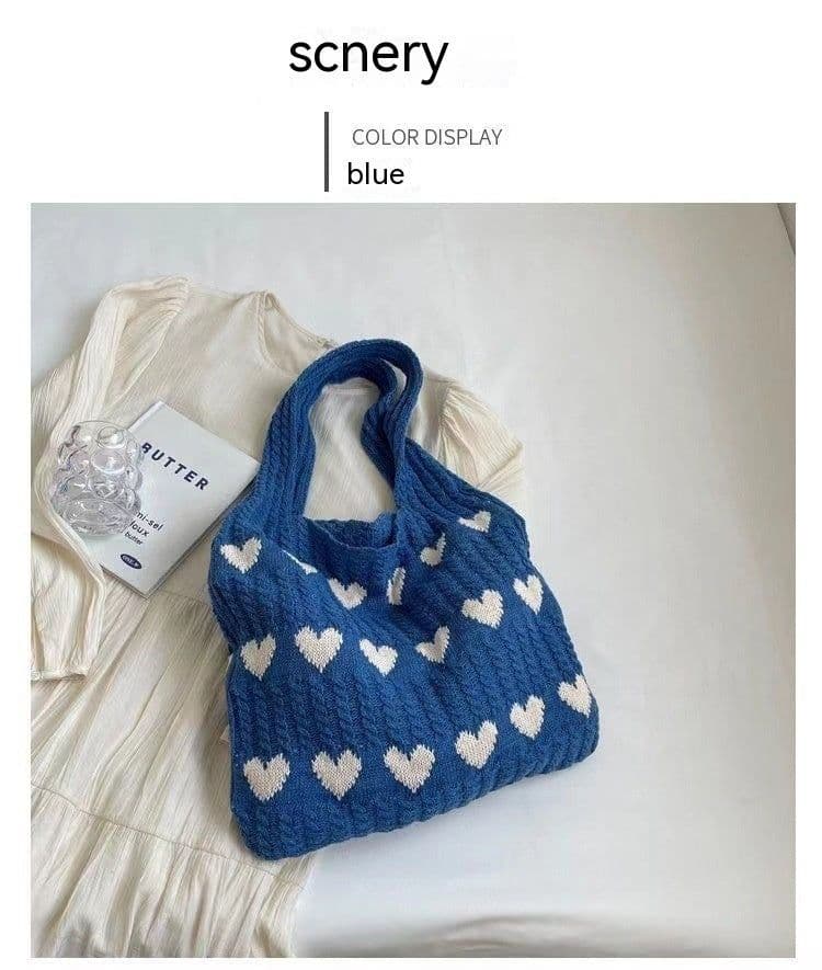 image-Fashion Large Capacity Heart-shaped Knitted Woven Shoulder Bag