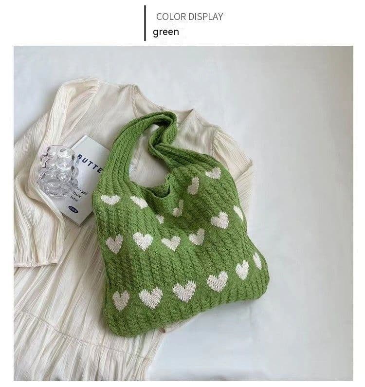 image-Fashion Large Capacity Heart-shaped Knitted Woven Shoulder Bag