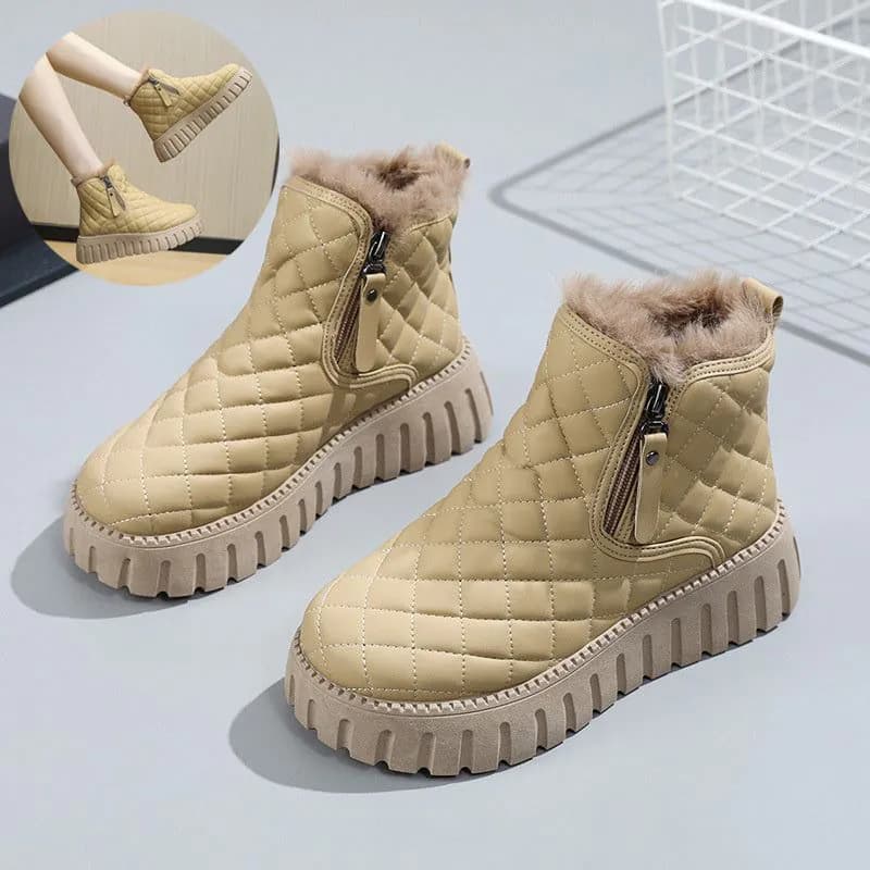 image-Women's Plaid Pattern Platform Ankle Boots Casual Side Zipper Plush Lined Snow Boots Winter Comfortable Short Boots