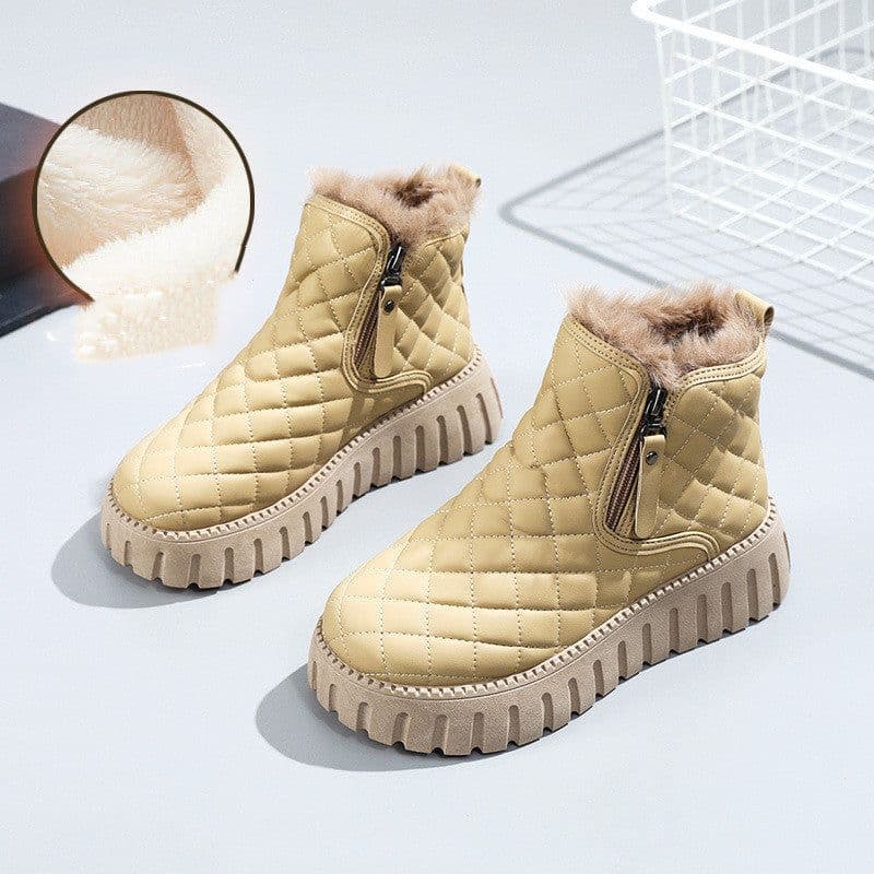 image-Women's Plaid Pattern Platform Ankle Boots Casual Side Zipper Plush Lined Snow Boots Winter Comfortable Short Boots