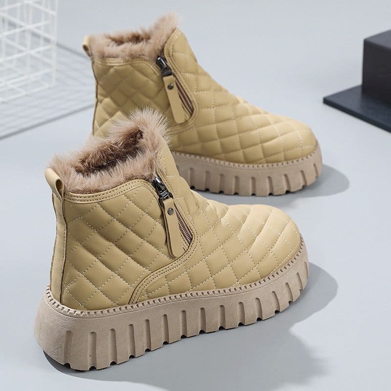 image-Women's Plaid Pattern Platform Ankle Boots Casual Side Zipper Plush Lined Snow Boots Winter Comfortable Short Boots